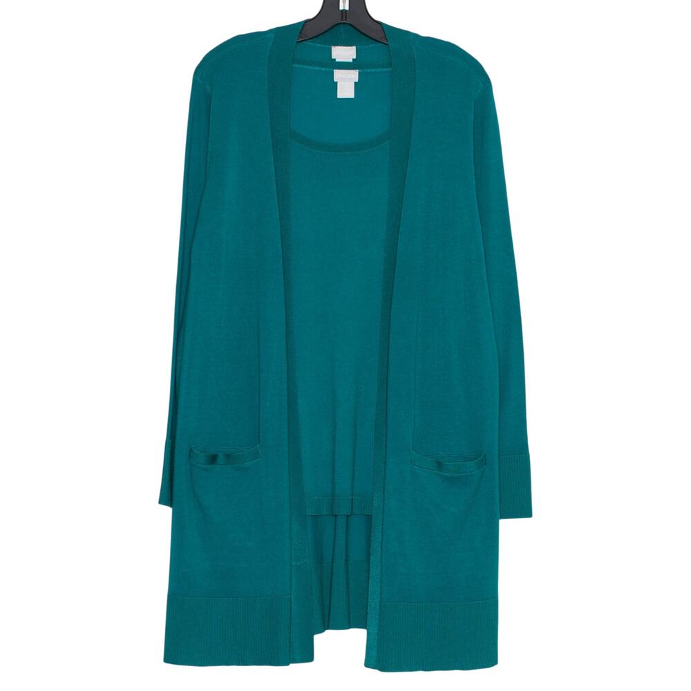 Chicos Open Front Cardigan Tank Set Teal/Green 2 L 12 Longline Minimalist Office